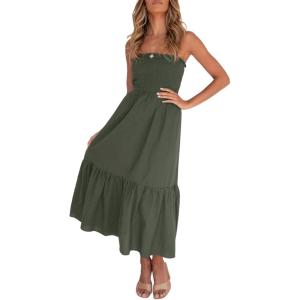 image:imageZESICA Womens Summer Boho Strapless Maxi Dress 2026 Casual Off Shoulder Smocked Flowy A Line Beach Holiday Long DressesSolidarmygreen