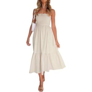 image:imageZESICA Womens Summer Boho Strapless Maxi Dress 2026 Casual Off Shoulder Smocked Flowy A Line Beach Holiday Long DressesSolidbeige