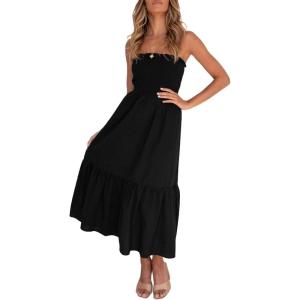 image:imageZESICA Womens Summer Boho Strapless Maxi Dress 2026 Casual Off Shoulder Smocked Flowy A Line Beach Holiday Long DressesSolidblack