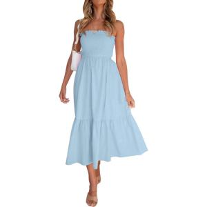 image:imageZESICA Womens Summer Boho Strapless Maxi Dress 2026 Casual Off Shoulder Smocked Flowy A Line Beach Holiday Long DressesSolidblue