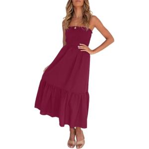 image:imageZESICA Womens Summer Boho Strapless Maxi Dress 2026 Casual Off Shoulder Smocked Flowy A Line Beach Holiday Long DressesSolidfuchsia