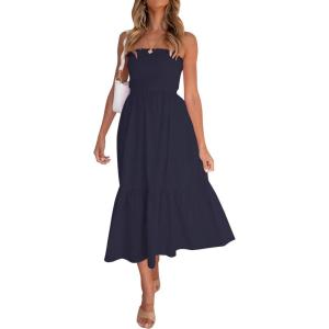 image:imageZESICA Womens Summer Boho Strapless Maxi Dress 2026 Casual Off Shoulder Smocked Flowy A Line Beach Holiday Long DressesSolidnavy