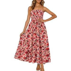 image:imageZESICA Womens Summer Boho Strapless Maxi Dress 2026 Casual Off Shoulder Smocked Flowy A Line Beach Holiday Long DressesVintage Pink