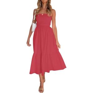image:imageZESICA Womens Summer Boho Strapless Maxi Dress 2026 Casual Off Shoulder Smocked Flowy A Line Beach Holiday Long DressesWatermelon