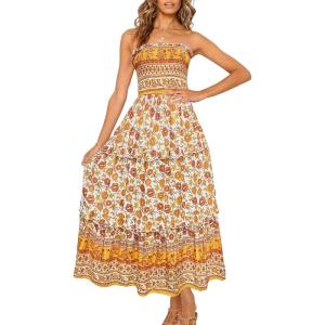 image:imageZESICA Womens Summer Boho Strapless Maxi Dress 2026 Casual Off Shoulder Smocked Flowy A Line Beach Holiday Long DressesYellow