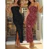 image:imageZESICA Womens 2026 Summer Floral Strapless Maxi Dress Bodycon Side Slit Mesh Formal Cocktail Party Wedding Guest Long DressesWine Red