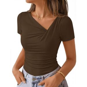 image:imageZESICA Womens Summer Asymmetrical T Shirts Ruched Fitted Y2K Going Out Tops 2026 Spring Fashion Outfits Casual Work BlouseCoffee