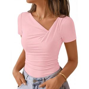 image:imageZESICA Womens Summer Asymmetrical T Shirts Ruched Fitted Y2K Going Out Tops 2026 Spring Fashion Outfits Casual Work BlousePink