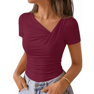 image:imageZESICA Womens Summer Asymmetrical T Shirts Ruched Fitted Y2K Going Out Tops 2026 Spring Fashion Outfits Casual Work BlouseWine