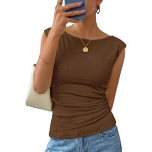 image:imageZESICA Womens Summer Ruched Trendy Tank Top 2026 Cap Sleeve Boat Neck Slim Fit Spring Tops Going Out Tee Shirts FashionCoffee