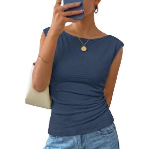 image:imageZESICA Womens Summer Ruched Trendy Tank Top 2026 Cap Sleeve Boat Neck Slim Fit Spring Tops Going Out Tee Shirts FashionDustyblue