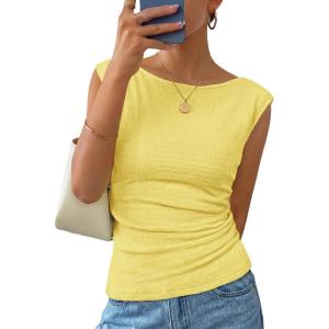 image:imageZESICA Womens Summer Ruched Trendy Tank Top 2026 Cap Sleeve Boat Neck Slim Fit Spring Tops Going Out Tee Shirts FashionYellow