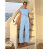 image:imageZESICA Womens 2026 Summer 2 Piece Outfit Sets Casual Short Sleeve Knit Belted Tops and Wide Leg Pants Work Office ClothesBlue