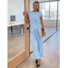 image:imageZESICA Womens 2026 Summer 2 Piece Outfit Sets Casual Short Sleeve Knit Belted Tops and Wide Leg Pants Work Office ClothesBlue