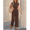image:imageZESICA Womens 2026 Summer 2 Piece Outfit Sets Casual Short Sleeve Knit Belted Tops and Wide Leg Pants Work Office ClothesBrown