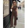 image:imageZESICA Womens 2026 Summer 2 Piece Outfit Sets Casual Short Sleeve Knit Belted Tops and Wide Leg Pants Work Office ClothesBrown
