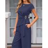 image:imageZESICA Womens 2026 Summer 2 Piece Outfit Sets Casual Short Sleeve Knit Belted Tops and Wide Leg Pants Work Office ClothesNavy