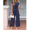 image:imageZESICA Womens 2026 Summer 2 Piece Outfit Sets Casual Short Sleeve Knit Belted Tops and Wide Leg Pants Work Office ClothesNavy