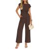 image:imageZESICA Womens 2026 Summer 2 Piece Outfit Sets Casual Short Sleeve Knit Belted Tops and Wide Leg Pants Work Office ClothesBrown