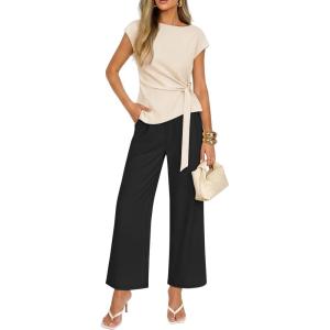 image:imageZESICA Womens 2026 Summer 2 Piece Outfit Sets Casual Short Sleeve Knit Belted Tops and Wide Leg Pants Work Office ClothesApricot