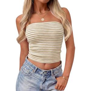 image:imageZESICA Womens Spring Striped Strapless Crop Tube Tops 2026 Summer Knit Bandeau Going Out Shirts Y2K Beach Vacation OutfitsApricot