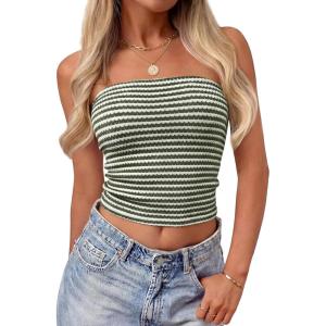 image:imageZESICA Womens Spring Striped Strapless Crop Tube Tops 2026 Summer Knit Bandeau Going Out Shirts Y2K Beach Vacation OutfitsArmygreen