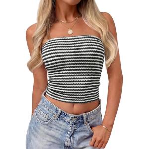 image:imageZESICA Womens Spring Striped Strapless Crop Tube Tops 2026 Summer Knit Bandeau Going Out Shirts Y2K Beach Vacation OutfitsBlack