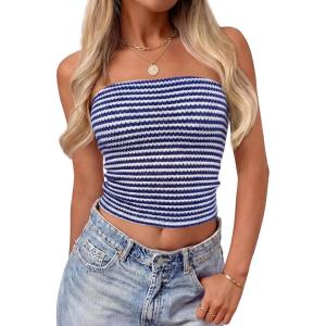 image:imageZESICA Womens Spring Striped Strapless Crop Tube Tops 2026 Summer Knit Bandeau Going Out Shirts Y2K Beach Vacation OutfitsBlue