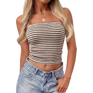 image:imageZESICA Womens Spring Striped Strapless Crop Tube Tops 2026 Summer Knit Bandeau Going Out Shirts Y2K Beach Vacation OutfitsBrown
