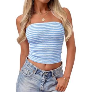 image:imageZESICA Womens Spring Striped Strapless Crop Tube Tops 2026 Summer Knit Bandeau Going Out Shirts Y2K Beach Vacation OutfitsLightblue