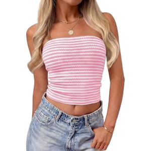 image:imageZESICA Womens Spring Striped Strapless Crop Tube Tops 2026 Summer Knit Bandeau Going Out Shirts Y2K Beach Vacation OutfitsPink