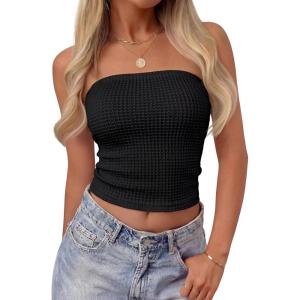 image:imageZESICA Womens Spring Striped Strapless Crop Tube Tops 2026 Summer Knit Bandeau Going Out Shirts Y2K Beach Vacation OutfitsSolidblack