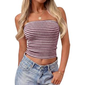 image:imageZESICA Womens Spring Striped Strapless Crop Tube Tops 2026 Summer Knit Bandeau Going Out Shirts Y2K Beach Vacation OutfitsWine