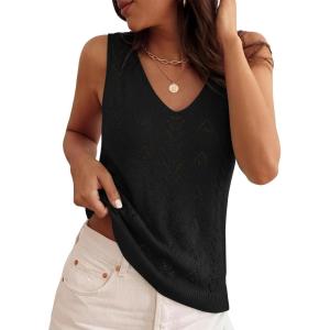 image:imageZESICA Womens Summer Crochet Sleeveless V Neck Vest Tops 2026 Casual Lightweight Knit Sweaters Fashion Vacation ClothesBlack