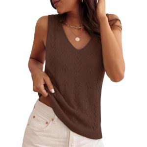 image:imageZESICA Womens Summer Crochet Sleeveless V Neck Vest Tops 2026 Casual Lightweight Knit Sweaters Fashion Vacation ClothesBrown