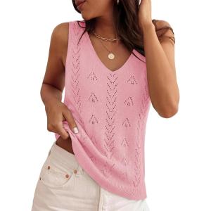 image:imageZESICA Womens Summer Crochet Sleeveless V Neck Vest Tops 2026 Casual Lightweight Knit Sweaters Fashion Vacation ClothesPink