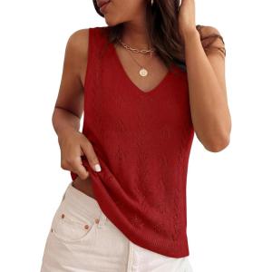 image:imageZESICA Womens Summer Crochet Sleeveless V Neck Vest Tops 2026 Casual Lightweight Knit Sweaters Fashion Vacation ClothesRed