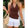 image:imageZESICA Womens 2026 Summer Halter Wrap Tops Sleeveless V Neck Ruched Tie Fitted Racerback Trendy Going Out TopsBrown
