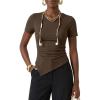 image:imageZESICA Asymmetrical Ruched Tops for Women 2026 Summer Casual Short Sleeve Slim Fit Y2K Going Out ShirtsBrown