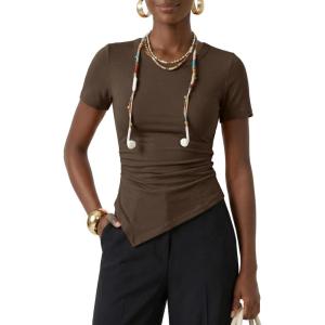 image:imageZESICA Asymmetrical Ruched Tops for Women 2026 Summer Casual Short Sleeve Slim Fit Y2K Going Out ShirtsBrown
