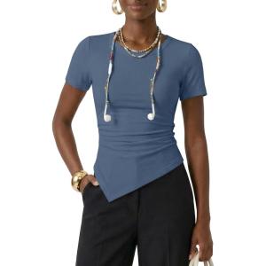 image:imageZESICA Asymmetrical Ruched Tops for Women 2026 Summer Casual Short Sleeve Slim Fit Y2K Going Out ShirtsGray Blue