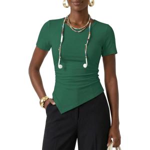 image:imageZESICA Asymmetrical Ruched Tops for Women 2026 Summer Casual Short Sleeve Slim Fit Y2K Going Out ShirtsGreen