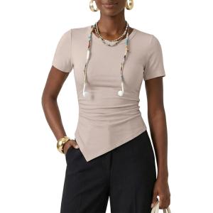 image:imageZESICA Asymmetrical Ruched Tops for Women 2026 Summer Casual Short Sleeve Slim Fit Y2K Going Out ShirtsSand