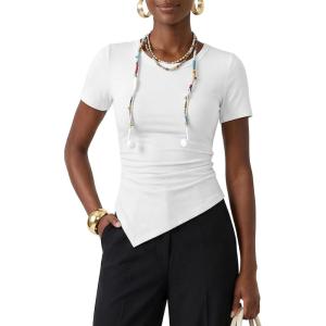 image:imageZESICA Asymmetrical Ruched Tops for Women 2026 Summer Casual Short Sleeve Slim Fit Y2K Going Out ShirtsWhite