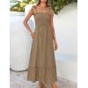 image:imageZESICA Womens 2026 Summer Boho Spaghetti Strap Square Neck Solid Color Ruffle A Line Beach Long Maxi DressKhaki