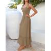 image:imageZESICA Womens 2026 Summer Boho Spaghetti Strap Square Neck Solid Color Ruffle A Line Beach Long Maxi DressKhaki