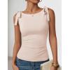 image:imageZESICA Womens Summer Going Out Tank Tops 2026 Trendy Casual Sleeveless Tie Shoulder Boat Neck Ruch Fitted Crop Y2k ShirtsApricot