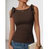 image:imageZESICA Womens Summer Going Out Tank Tops 2026 Trendy Casual Sleeveless Tie Shoulder Boat Neck Ruch Fitted Crop Y2k ShirtsBrown