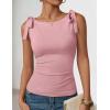 image:imageZESICA Womens Summer Going Out Tank Tops 2026 Trendy Casual Sleeveless Tie Shoulder Boat Neck Ruch Fitted Crop Y2k ShirtsPink