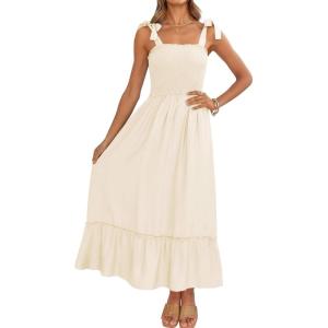 image:imageZESICA Womens 2026 Summer Boho Spaghetti Strap Square Neck Solid Color Ruffle A Line Beach Long Maxi DressApricot